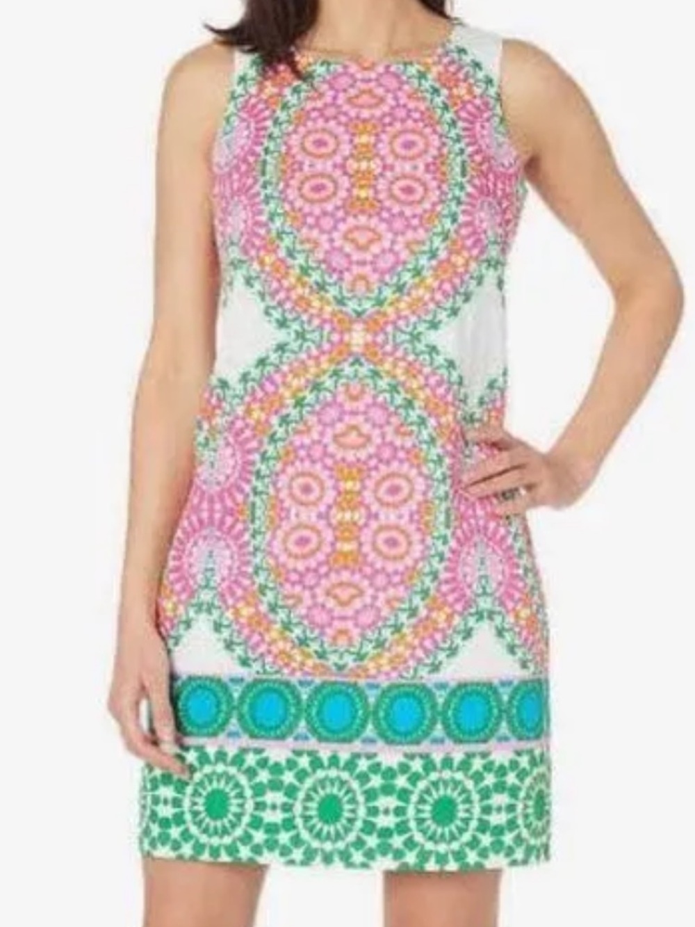 LONDON TIMES Sleeveless White Shift Dress with Pink & Green Medallion Print! 14